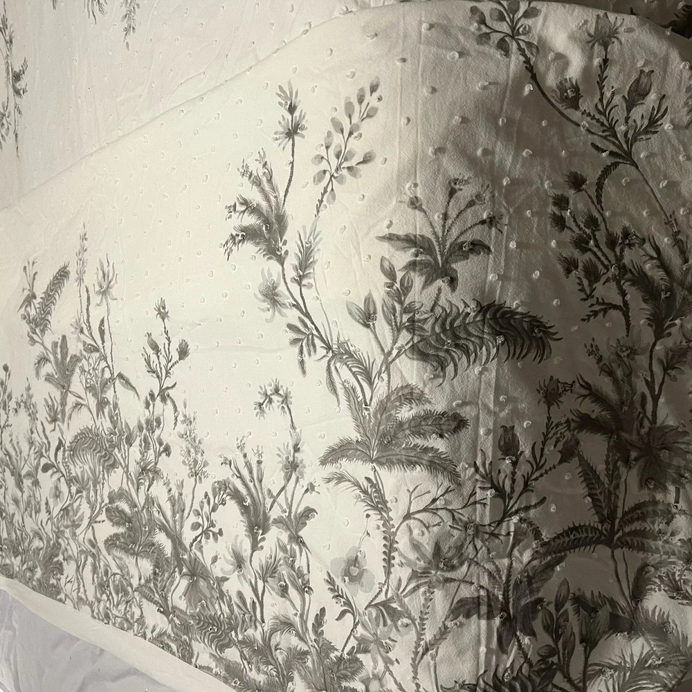 Bee & Willow F/Q Duvet Cream Gray Botanical Leaf Swiss Dot Texture Cotton Blend